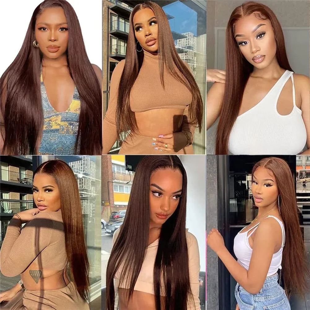 30 36 Inch Chocolate Brown 13x4 Straight Human Hair Lace Front Wig Brazilian Colored 13X6 Transparent Lace Frontal Wig For Women