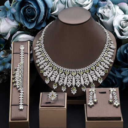 4pcs Bridal Zirconia Full Jewelry Sets For Women Party, Luxury Dubai Nigeria CZ Crystal Wedding Jewelry Sets