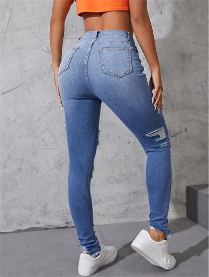 Women's Ripped Skinny Jeans Fashionable High Stretch Slim Fit Butt