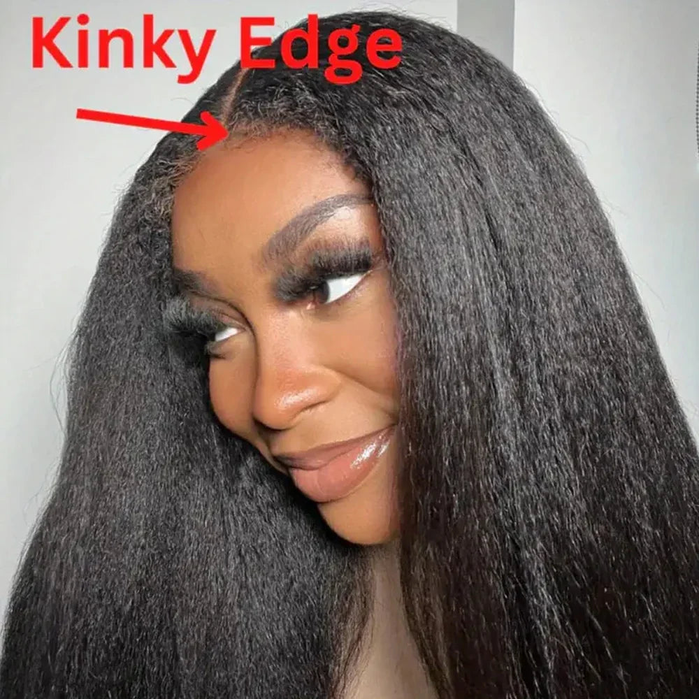 13x4 Kinky Straight Lace Front Human Hair Wig With Kinky Edges Baby Hair Glueless Yaki Straight HD Lace Frontal Wig 250% Denisty