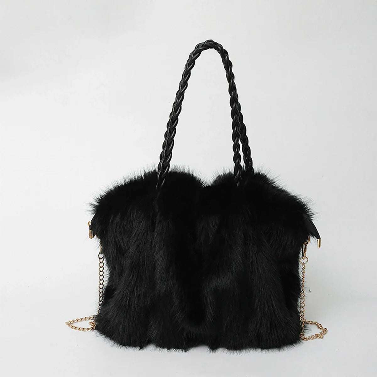 Women's Fashionable Plush Large Capacity Tote Bag High-end Pleated Fox Fur Shoulder Crossbody Bag Commuter Bag with Metal Chain