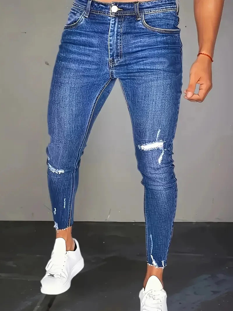 Calça Jeans Masculina Slim Lavada - Azul Claro Cinco Bolsos Vintage | Visual Autêntico Desbotado para o Outono/Inverno com Vibrações Vintage
