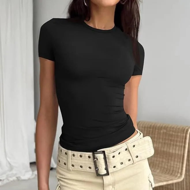 Women's Summer Loose Half Sleeve T-Shirt Tops O-Neck Waist Slimming Sweet Hottie Design Sense Positive Shoulder Chic Tees Top