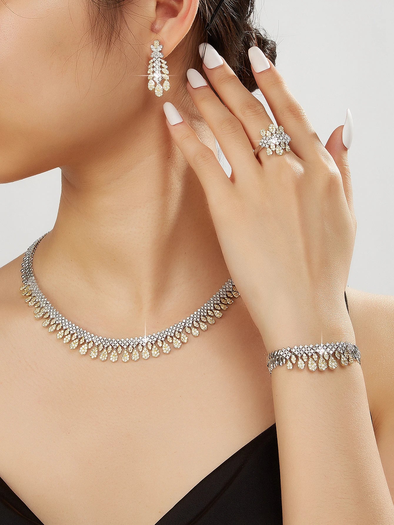 Bridal Two Color Zirconia For Women Party Luxury Dubai Necklace Bracelet Earringa Rings CZ Crystal Wedding Jewelry Sets
