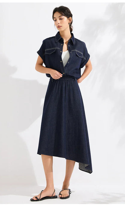 Luxury Women's Denim Skirt Cotton Spandex Linen Irregular Hem A Line Midi Skirt High End Designer Jean Skirt