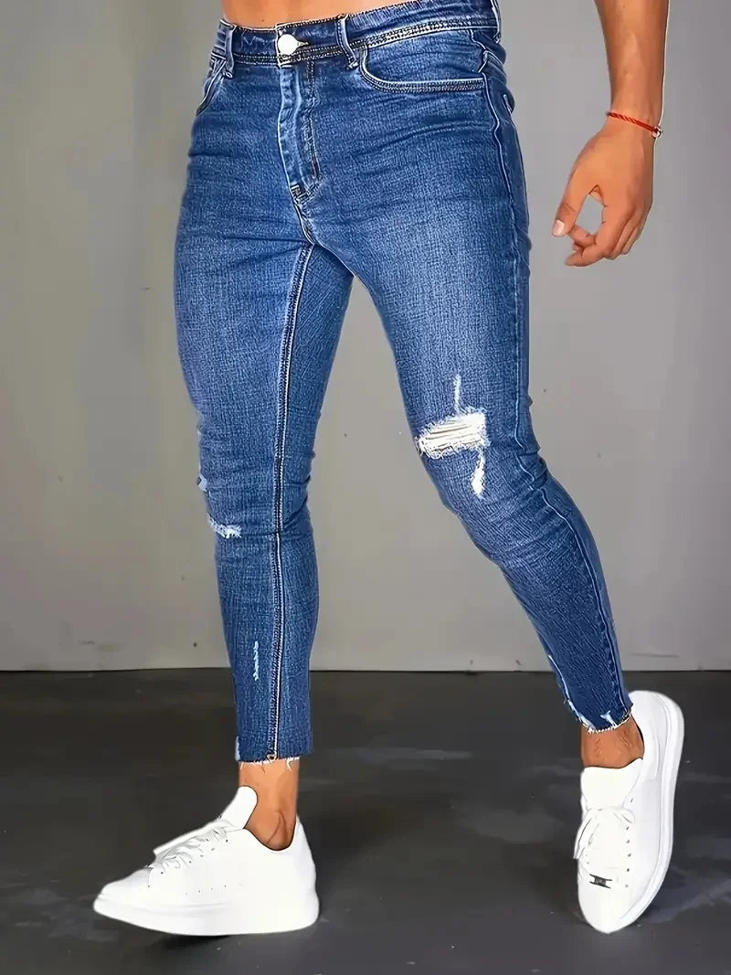 Calça Jeans Masculina Slim Lavada - Azul Claro Cinco Bolsos Vintage | Visual Autêntico Desbotado para o Outono/Inverno com Vibrações Vintage