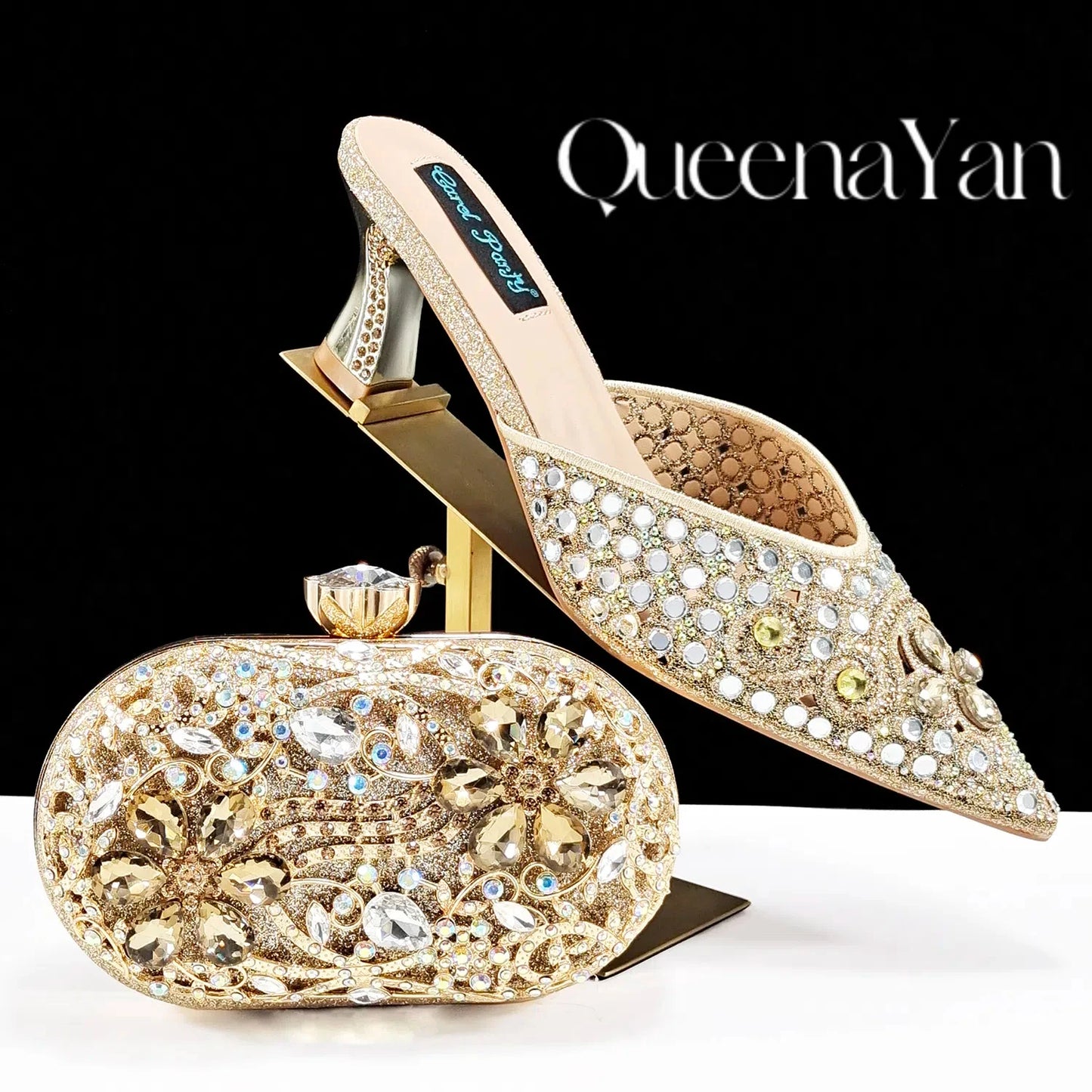 BLUE Rhinestone-encrusted Sex Ladies Shoes / MATCHING  SPARKING MINI BAG (SPECIAL COLLECTION)