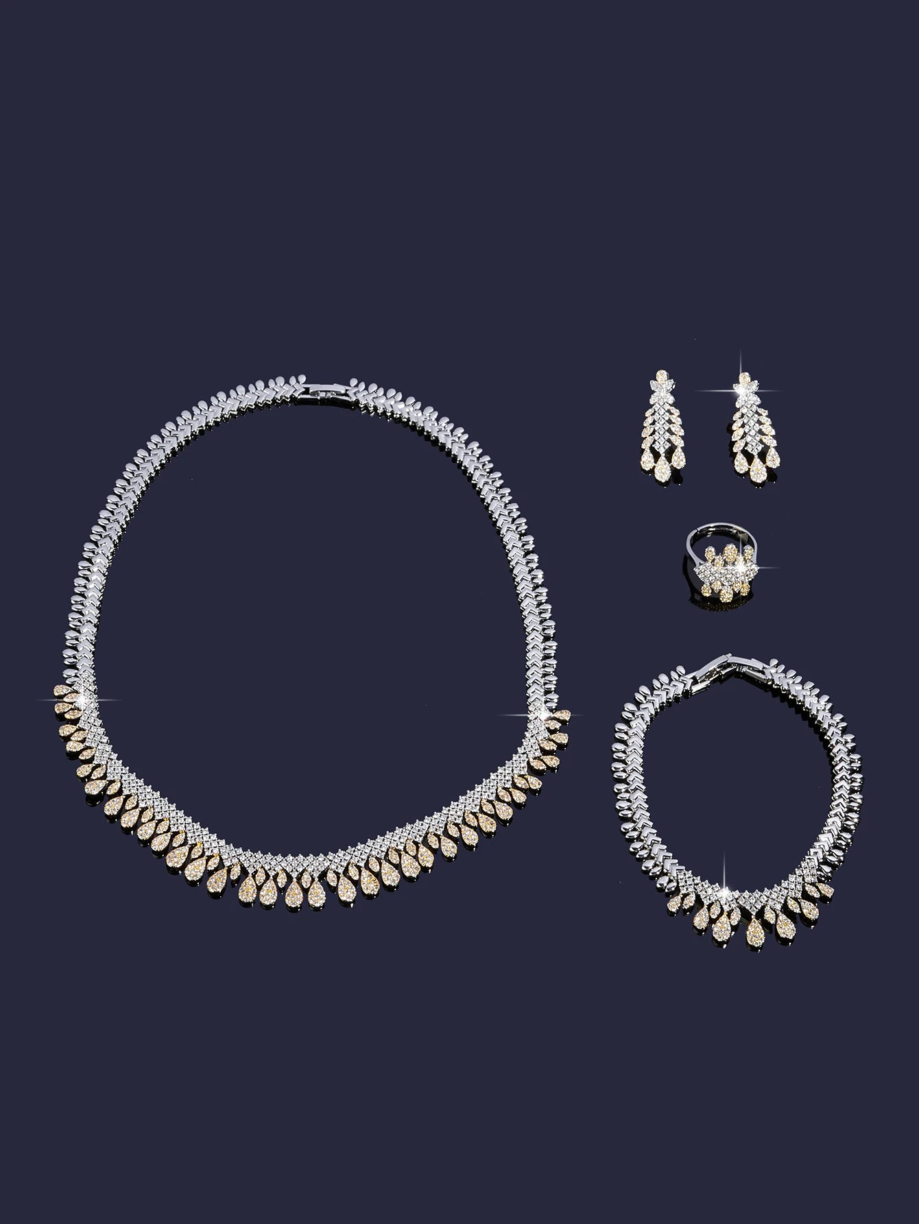 Bridal Two Color Zirconia For Women Party Luxury Dubai Necklace Bracelet Earringa Rings CZ Crystal Wedding Jewelry Sets