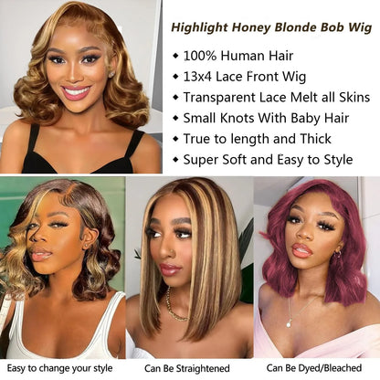Bob Wig Human Hair 13x4 Frontal Lace Wig Body Wave HD Lace Front Wigs Human Hair Pre Plucked 99J,4/27 and natural Wigs for Women