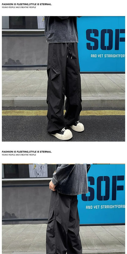 Fashion ice silk quick drying pants for men's summer thin pleated paratrooper work pants for teenagers loose casual spor pants