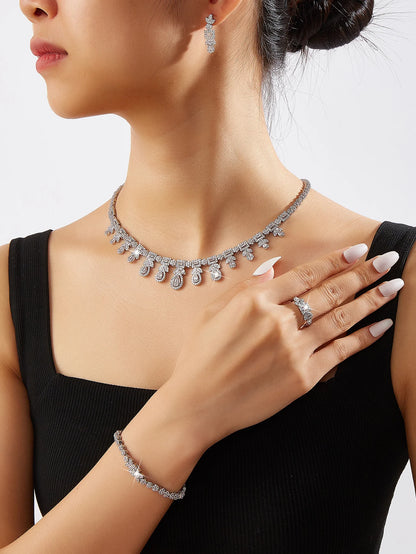 Luxury Cubic Zirconia Necklace Bracelet Earrings And Ring 4pcs Dubai Full Jewelry Set For Women