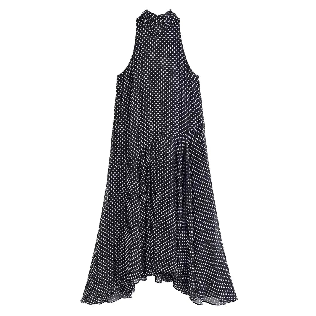 Halter Scarf Dot Print Dress Women Sleeveless Backless Chiffon Holiday Dress Fashion 2025 Summer Loose Beach Dress
