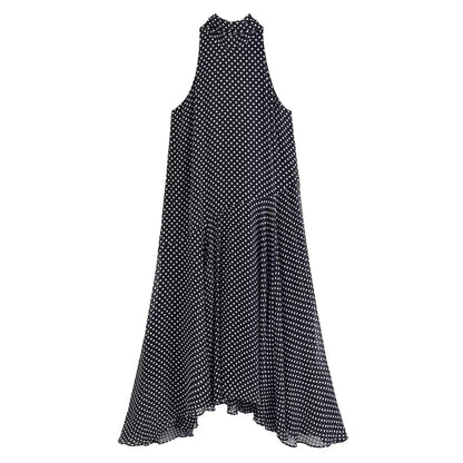 Halter Scarf Dot Print Dress Women Sleeveless Backless Chiffon Holiday Dress Fashion 2025 Summer Loose Beach Dress