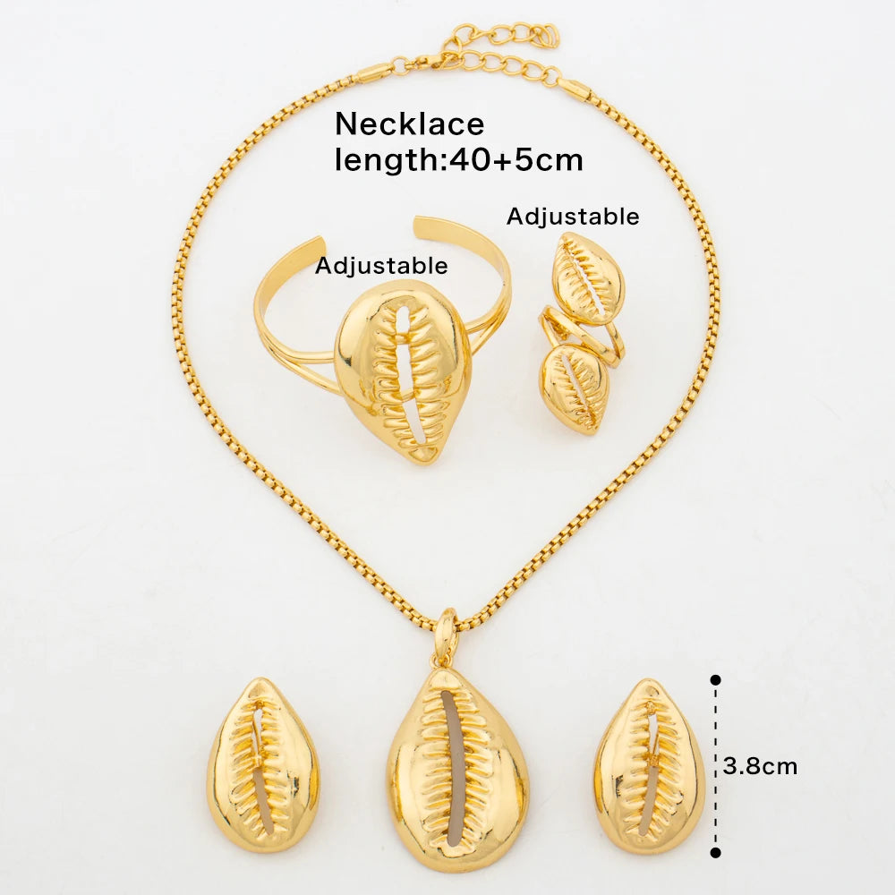 Jewelry Set Copper Women African Shell Shape Design Earrings Pendant Bracelet Ring Dubai Arab Turkis Jewelry