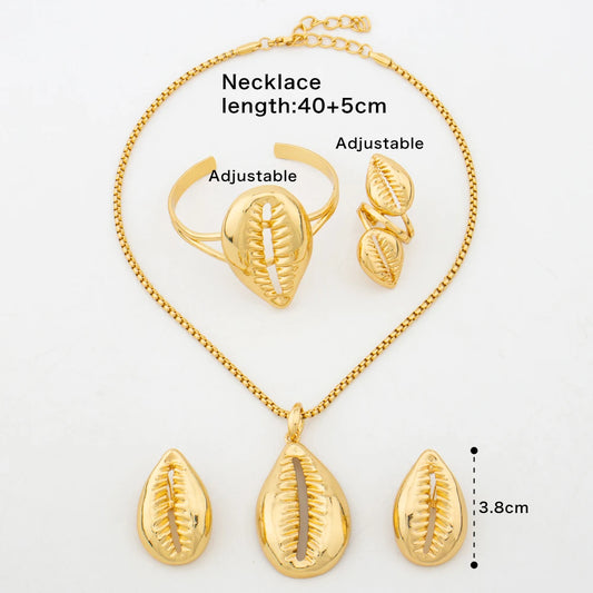 Jewelry Set Copper Women African Shell Shape Design Earrings Pendant Bracelet Ring Dubai Arab Turkis Jewelry