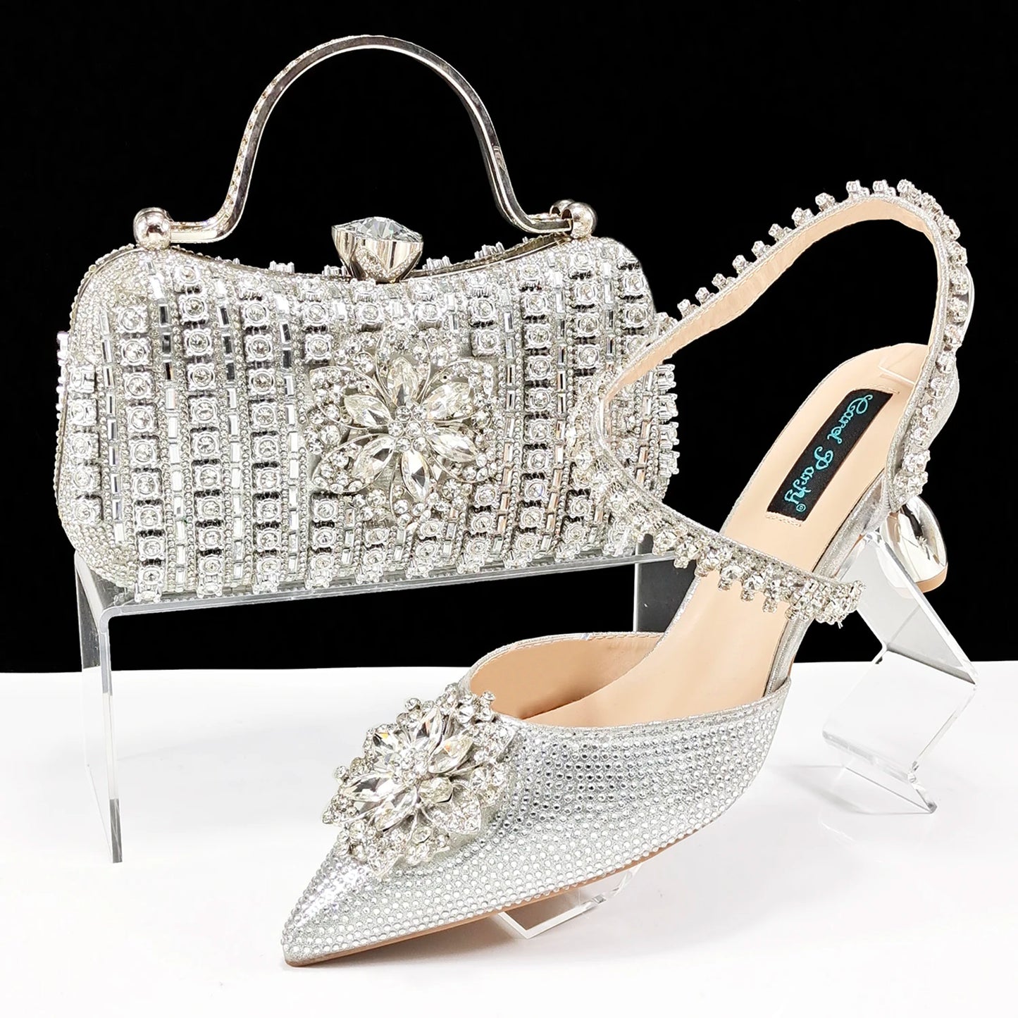 Party Perfection: Rhinestone-Embellished Heels and Gold Mini Bag for Elegant Nights