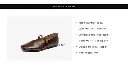 Mary Janes Women Calfskin Leather Round Toe Pleated Pattern Buckle Strap Solid Color Flat Shoes Ladies Handmade 28337