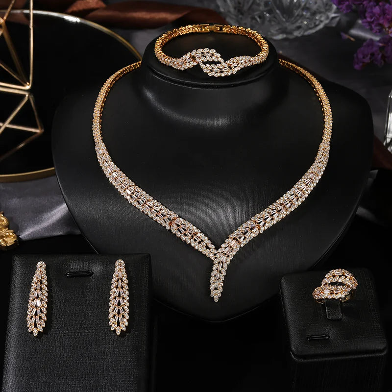 Classic rectangular cubic zirconia wedding necklace and earring set Dubai Nigeria CZ Bridal Jewelry Set