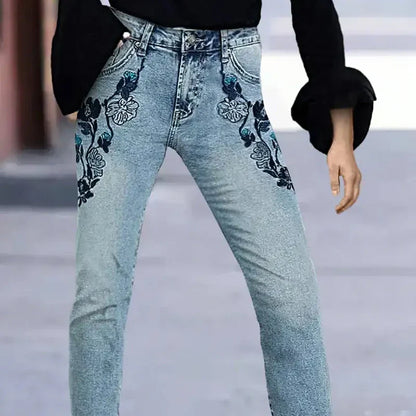 Flora-Embroidered High Stretchy Ladies Pants