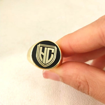 Custom  Engraved Pinky Ring 13mm Round Signet  Ring Custom Family Badge ring for Women Men Ring Copper Jewelry