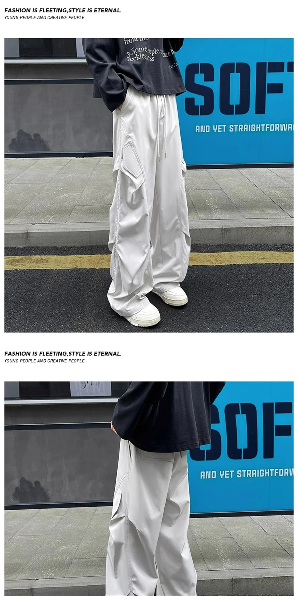 Fashion ice silk quick drying pants for men's summer thin pleated paratrooper work pants for teenagers loose casual spor pants