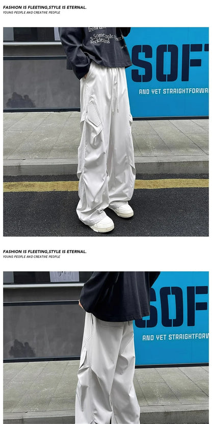 Fashion ice silk quick drying pants for men's summer thin pleated paratrooper work pants for teenagers loose casual spor pants