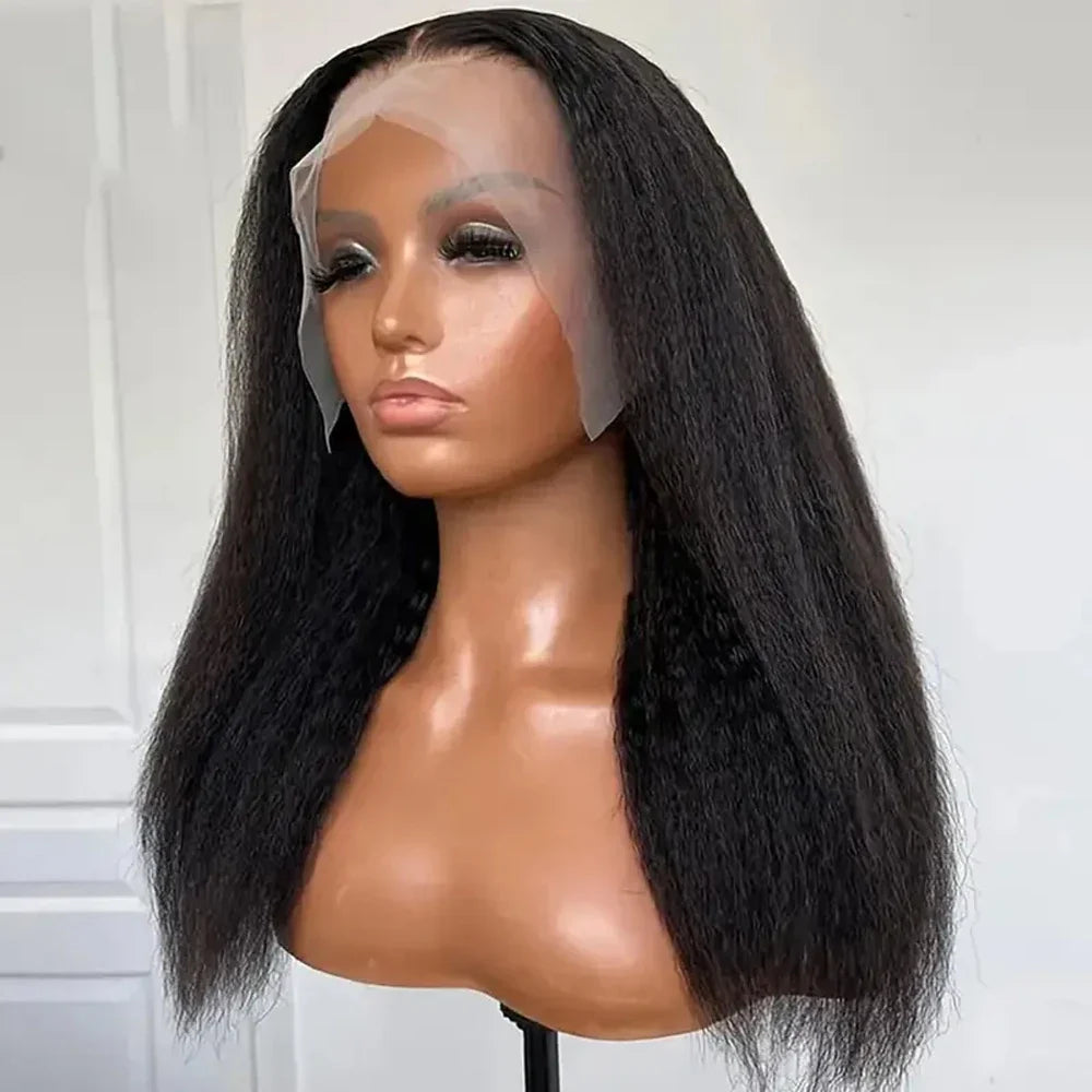 13x4 Kinky Straight Lace Front Human Hair Wig With Kinky Edges Baby Hair Glueless Yaki Straight HD Lace Frontal Wig 250% Denisty