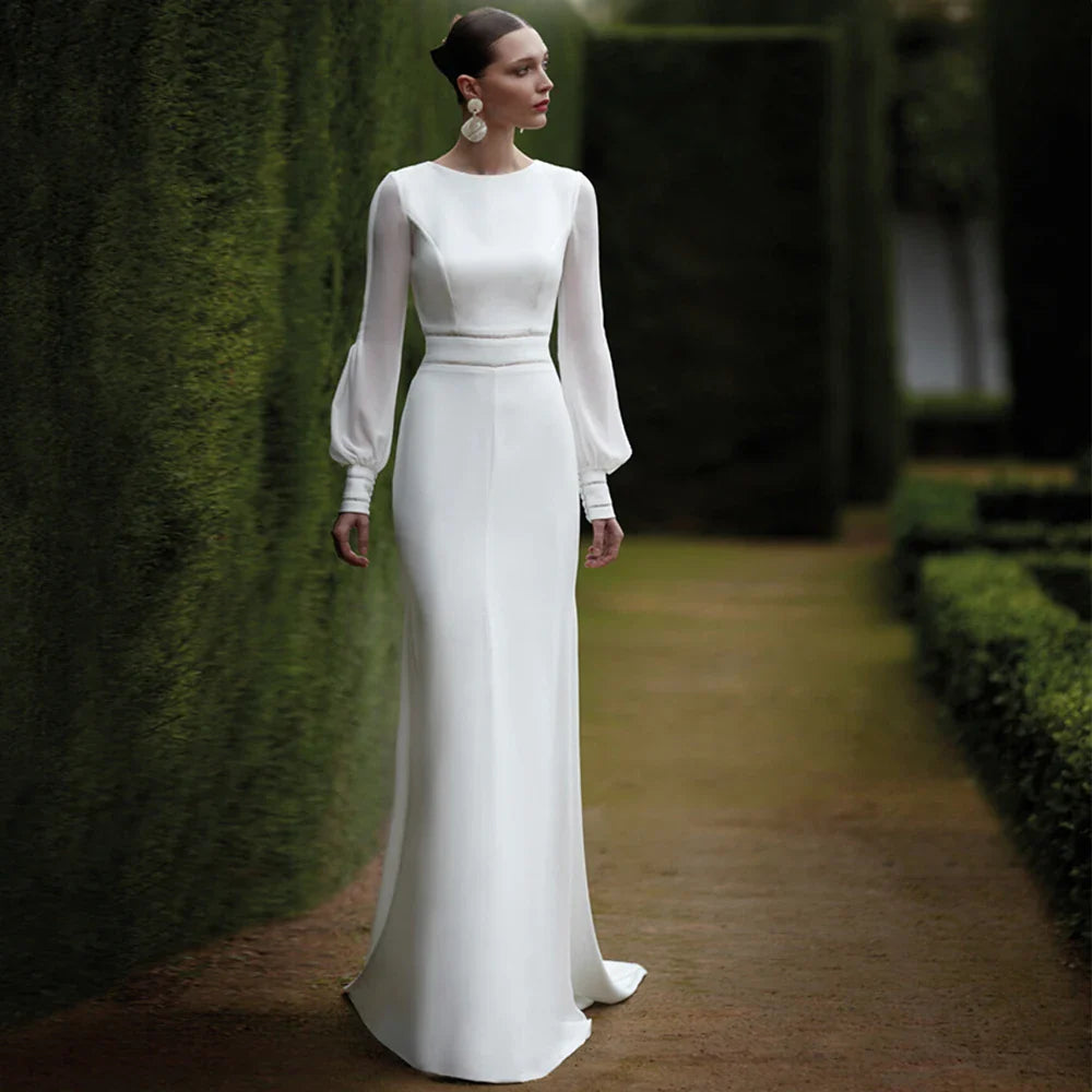 Customized Mermaid Wedding Dress Long Puffy Sleeves O Neck Trumpet Wedding Gowns for Women Backless Buttons Elegant Bridal Dress