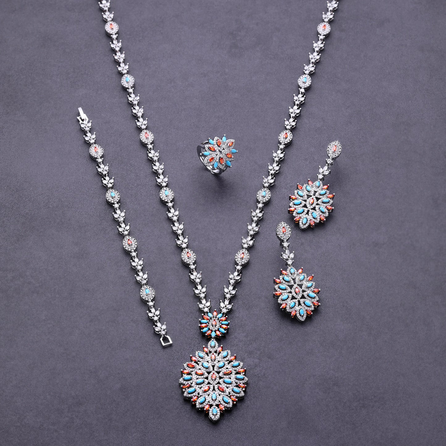 Famosa Marca Turquesa Luxo Africano Conjuntos de Joias para Mulheres Festa de Casamento Zircônia Cristal Dubai Conjunto de Joias de Noiva