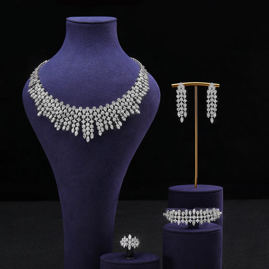 Four-piece Dubai cubic zirconia tassel pendant large chunky wedding bridal necklace luxury jewelry set for bridal party