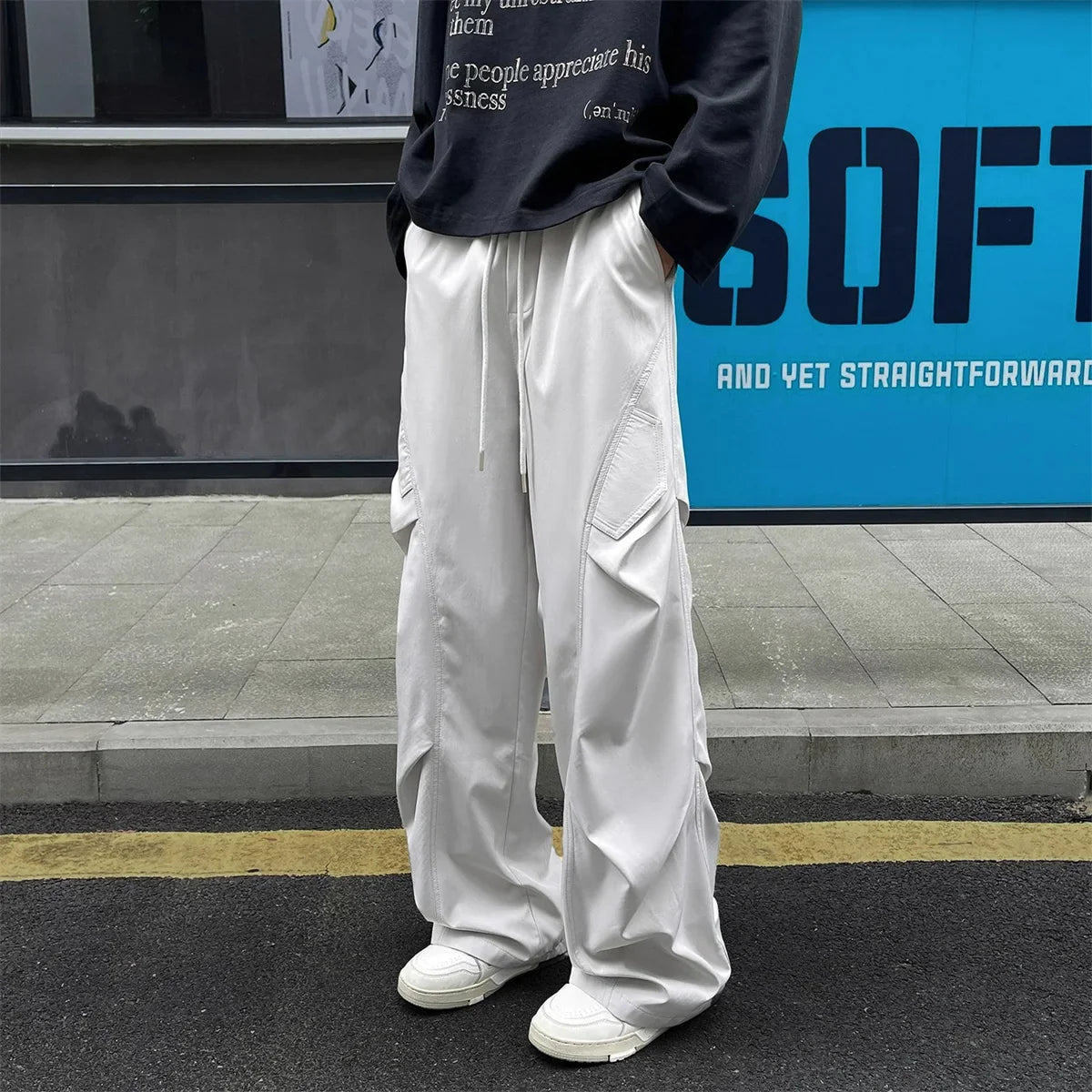 Fashion ice silk quick drying pants for men's summer thin pleated paratrooper work pants for teenagers loose casual spor pants