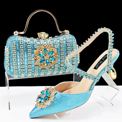 Party Perfection: Rhinestone-Embellished Heels and Gold Mini Bag for Elegant Nights