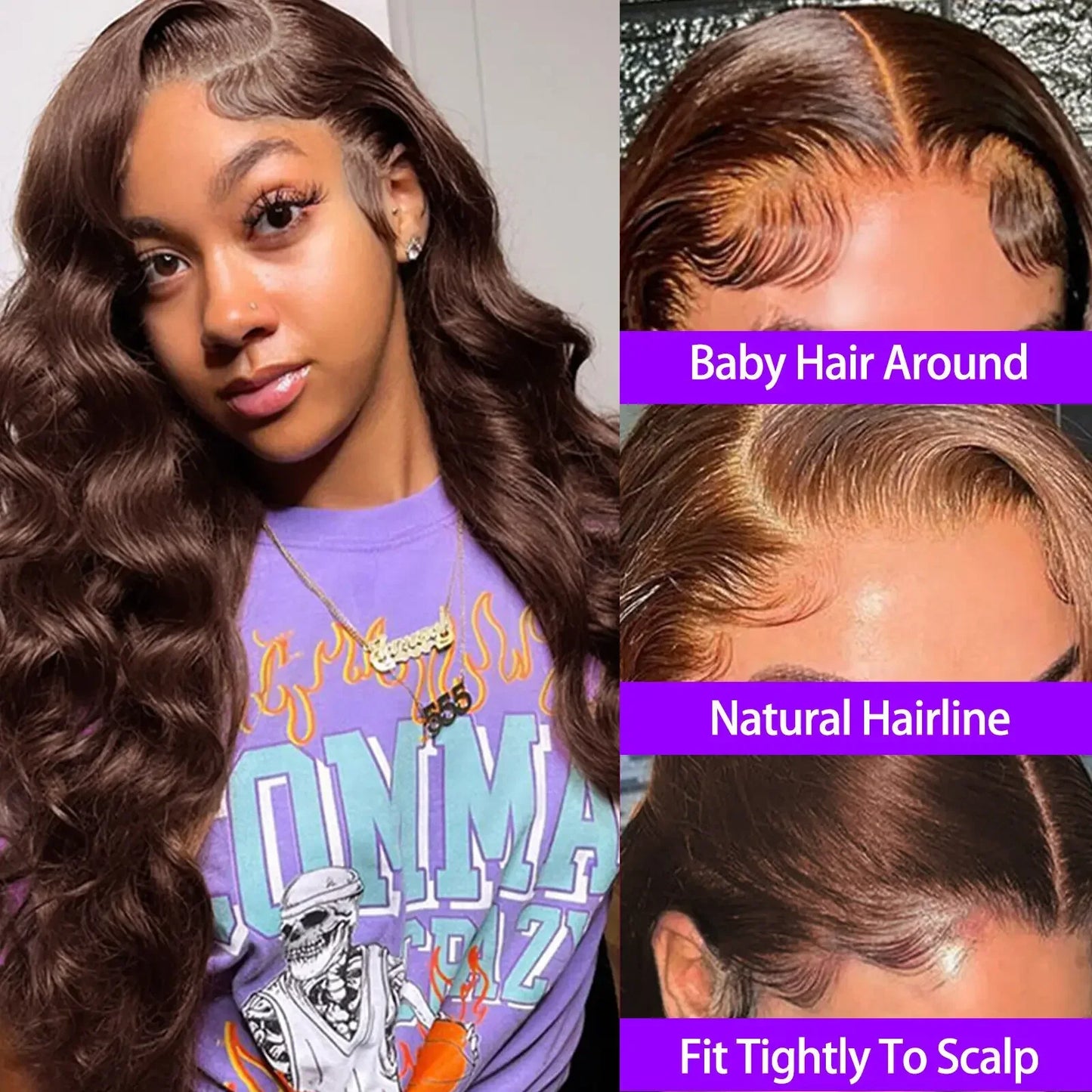 34 Inch  Body Wave Chocolate Brown Lace Front Wigs Human Hair Pre Plucked Brazilian Brown Virgin Hair Glueless HD Frontal Wig