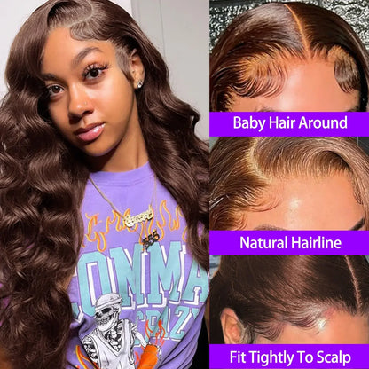 34 Inch  Body Wave Chocolate Brown Lace Front Wigs Human Hair Pre Plucked Brazilian Brown Virgin Hair Glueless HD Frontal Wig