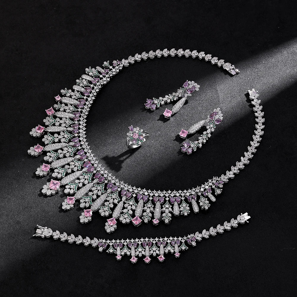 4pcs Bridal Zirconia Full Jewelry Sets For Women Party, Luxury Dubai Nigeria CZ Crystal Wedding Jewelry Sets