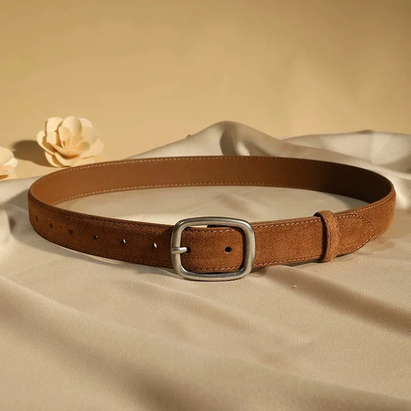 Fashion Suede Cowhide Women‘s Belts Genuine Leather 2.8cm Wide Belt Metal Buckle Women Belt Matched Dress Jeans Skinny Girdle