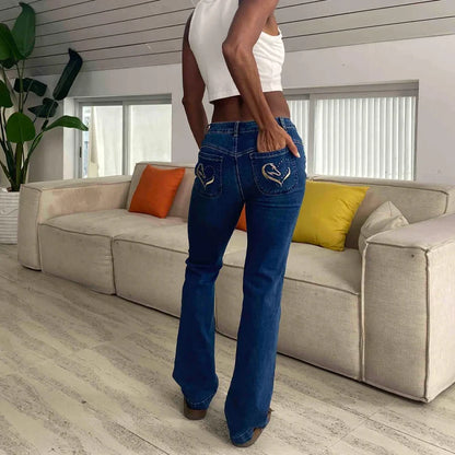 High-Waisted Embroidered Flare Jeans - Stretch Denim Bell Bottoms