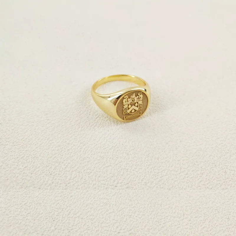 Custom  Engraved Pinky Ring 13mm Round Signet  Ring Custom Family Badge ring for Women Men Ring Copper Jewelry