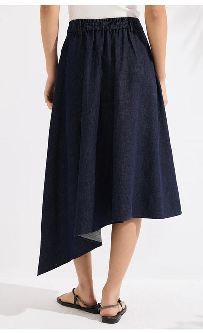 Luxury Women's Denim Skirt Cotton Spandex Linen Irregular Hem A Line Midi Skirt High End Designer Jean Skirt