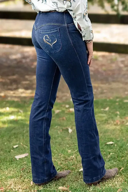High-Waisted Embroidered Flare Jeans - Stretch Denim Bell Bottoms