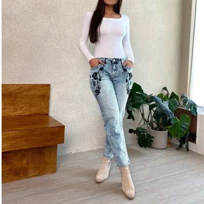 Flora-Embroidered High Stretchy Ladies Pants