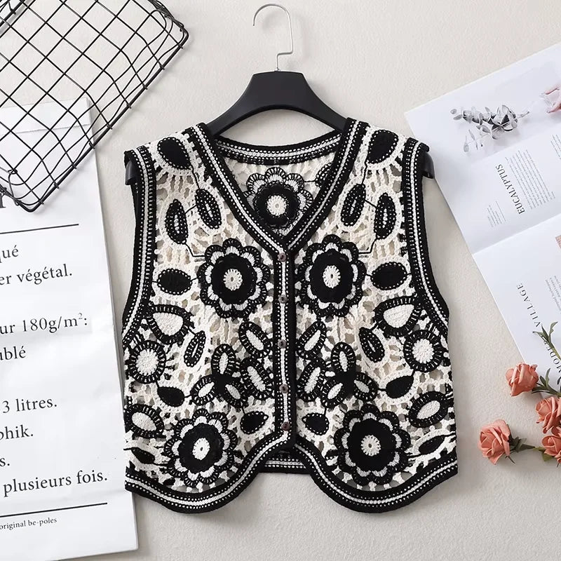 Floral Crochet Vest for Women Openwork Button Front Sleeveless Jacket Waistcoat Bohemian Summer Beach Vacation Outfit