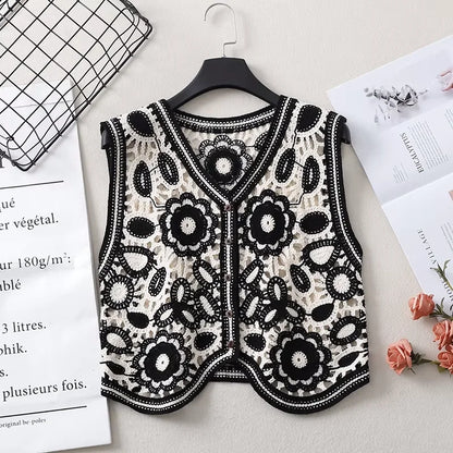 Floral Crochet Vest for Women Openwork Button Front Sleeveless Jacket Waistcoat Bohemian Summer Beach Vacation Outfit