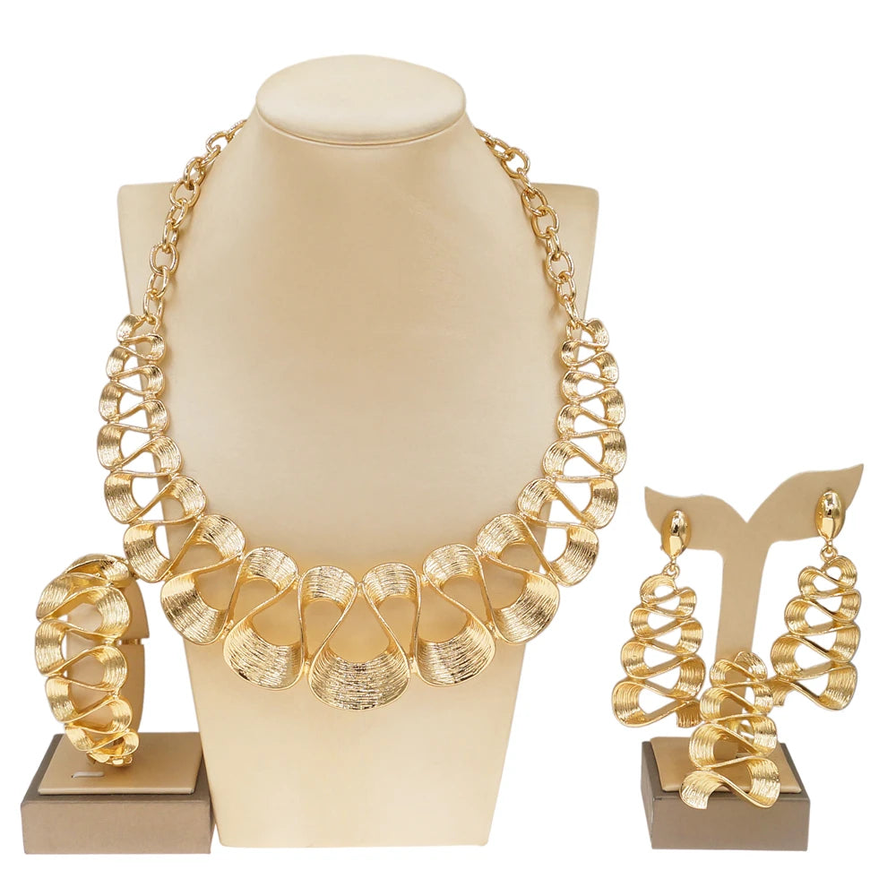 Dubai Gold Plated Jewelry Women Necklace Set Regular Round Pendant Brushed Glossy Bracelet Earrings Wedding Bijoux SYHOL