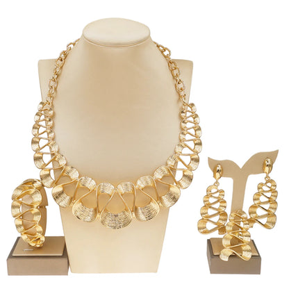 Dubai Gold Plated Jewelry Women Necklace Set Regular Round Pendant Brushed Glossy Bracelet Earrings Wedding Bijoux SYHOL