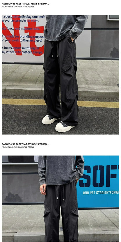 Fashion ice silk quick drying pants for men's summer thin pleated paratrooper work pants for teenagers loose casual spor pants