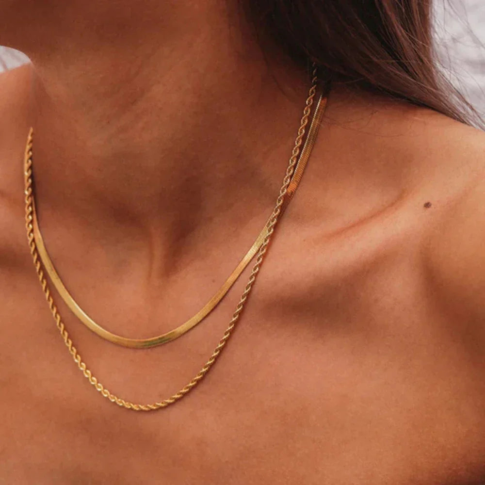 Simple Jewelry 18K Gold Plated Flat Snake Chain Layer Necklace Stainless Steel Snake Rope Chain Necklace Gift