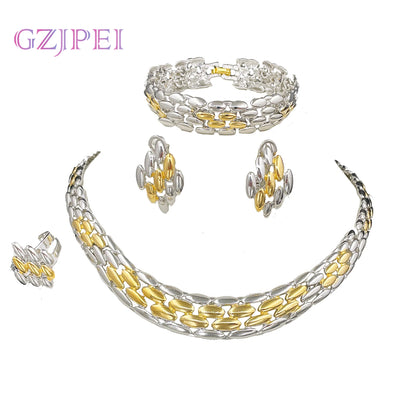 Italian Design Jewelry Set Gold Silver Color Two Tone Necklace Bracelet Geometry Stud Earring Ring For Women Wedding Gift