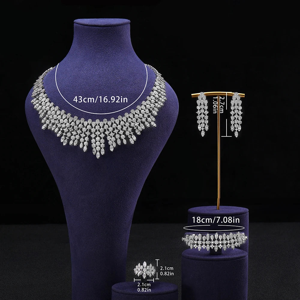 Four-piece Dubai cubic zirconia tassel pendant large chunky wedding bridal necklace luxury jewelry set for bridal party