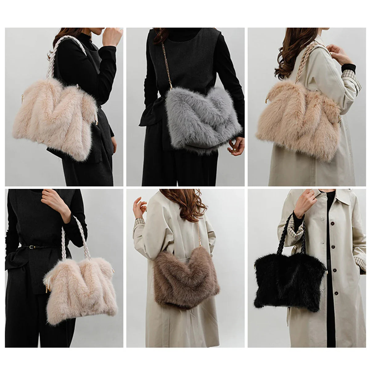 Women's Fashionable Plush Large Capacity Tote Bag High-end Pleated Fox Fur Shoulder Crossbody Bag Commuter Bag with Metal Chain